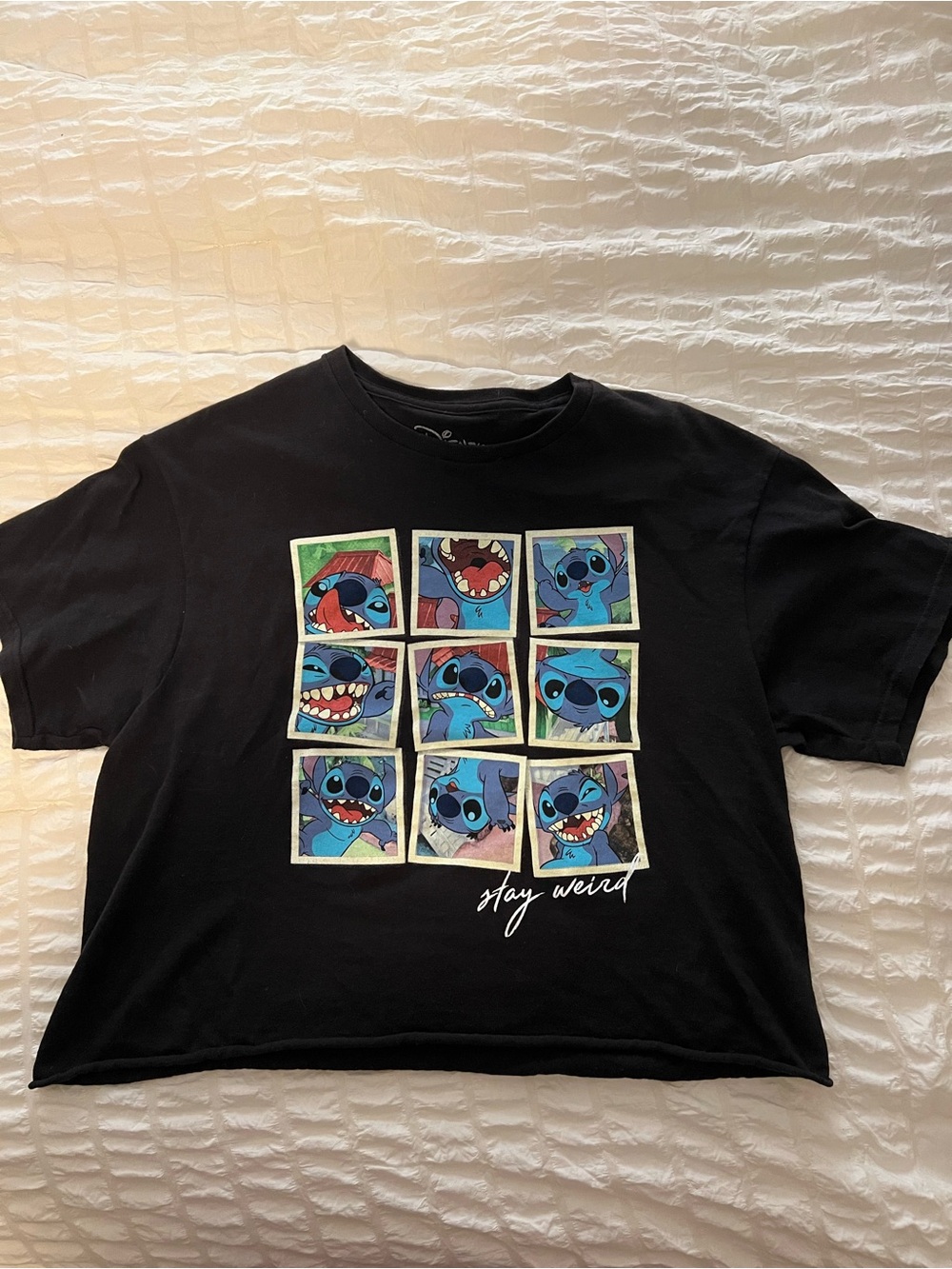 Disney Stitch "Stay Weird" Graphic T-Shirt Black Cotton Womens Cropped Size MD